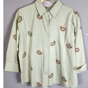 Casey Coleman Women L Green Cotton Embroidered Paisley Button Up Shirt Coastal